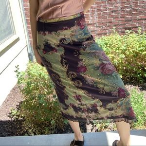 Vintage Michal Negrin green gold rose floral midi skirt